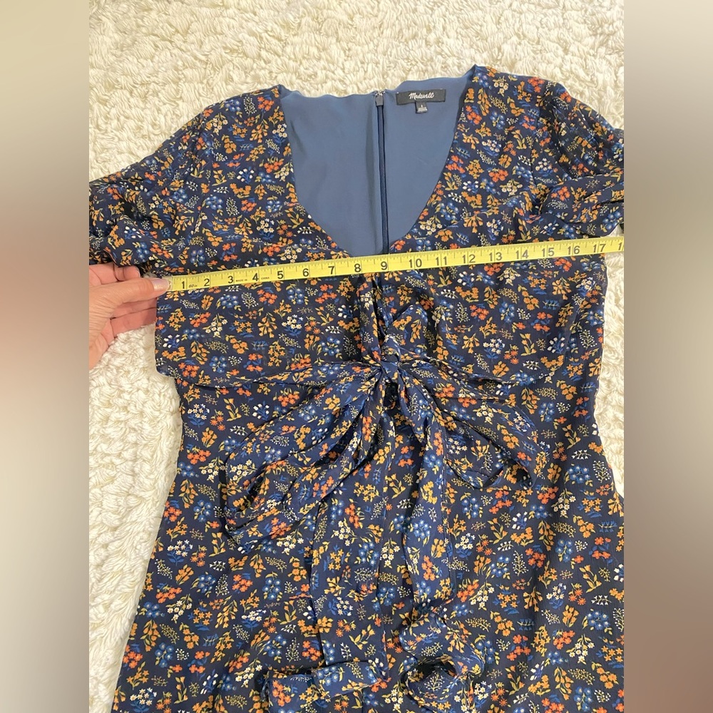 Madewell Blue Floral Mini Dress with Bow Detail on Chest - Picture 9 of 9